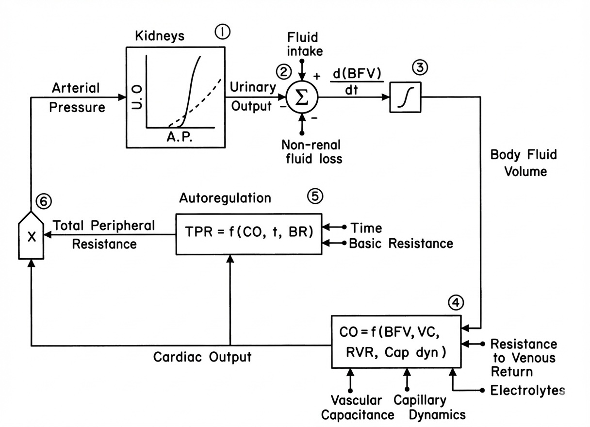 Figure 5: Simplified systems analysis of the renal-body fluid feedback method for control of arterial blood pressure (after Guyton et al., 1974).
