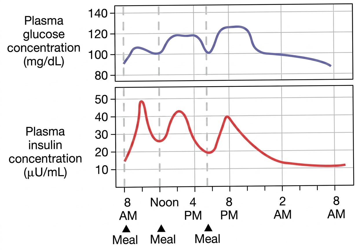 Figure 2: Blood (plasma) glucose and insulin levels over time. Note how insulin levels lag the glucose levels. (After Moffet, Moffet, and Schauf 1993).
