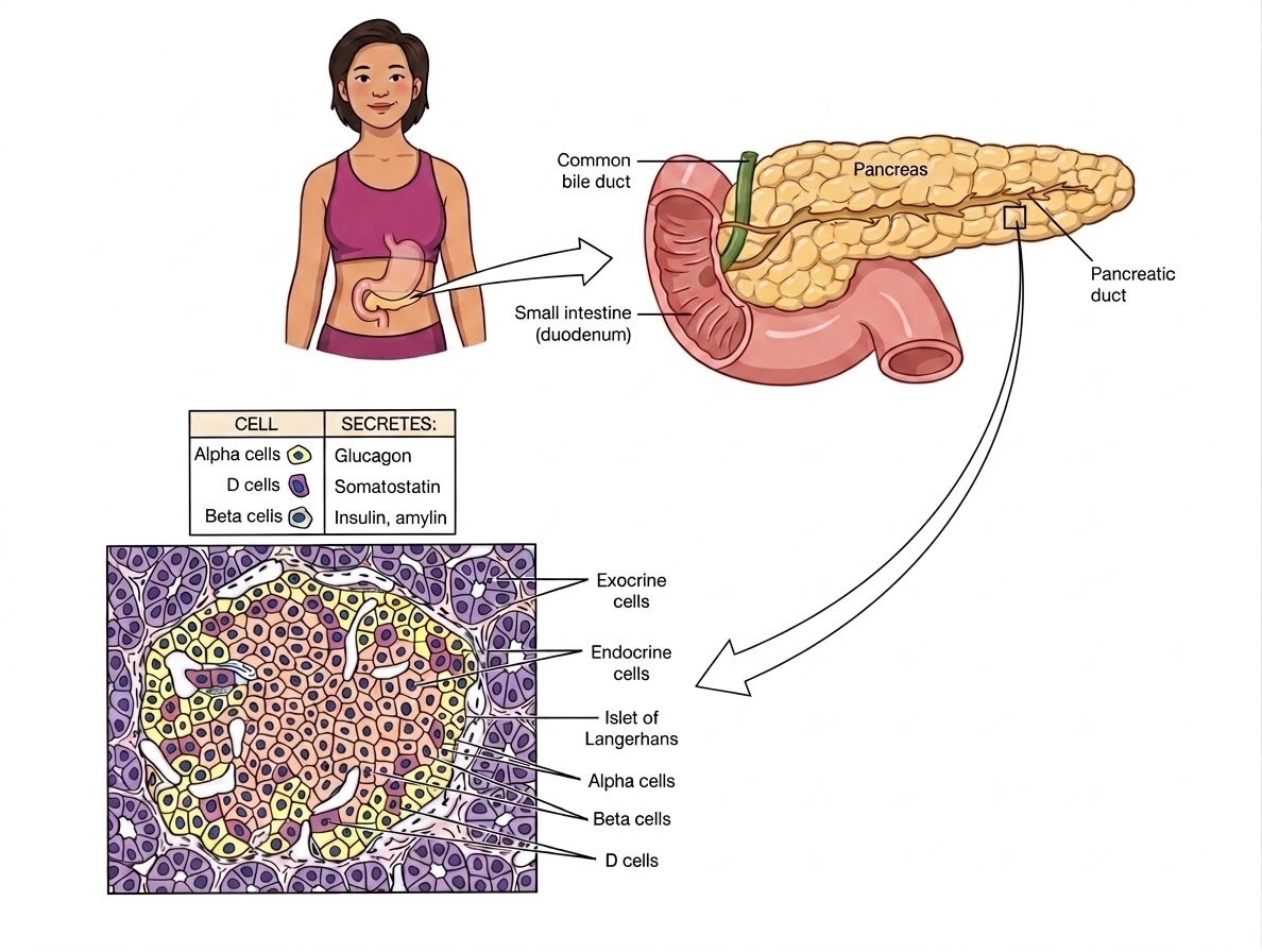 Figure 1: Overview of pancreas structure. Beta cells comprise the vast majority of cells within the pancreas. (After Moffet, Moffet, and Schauf 1993).