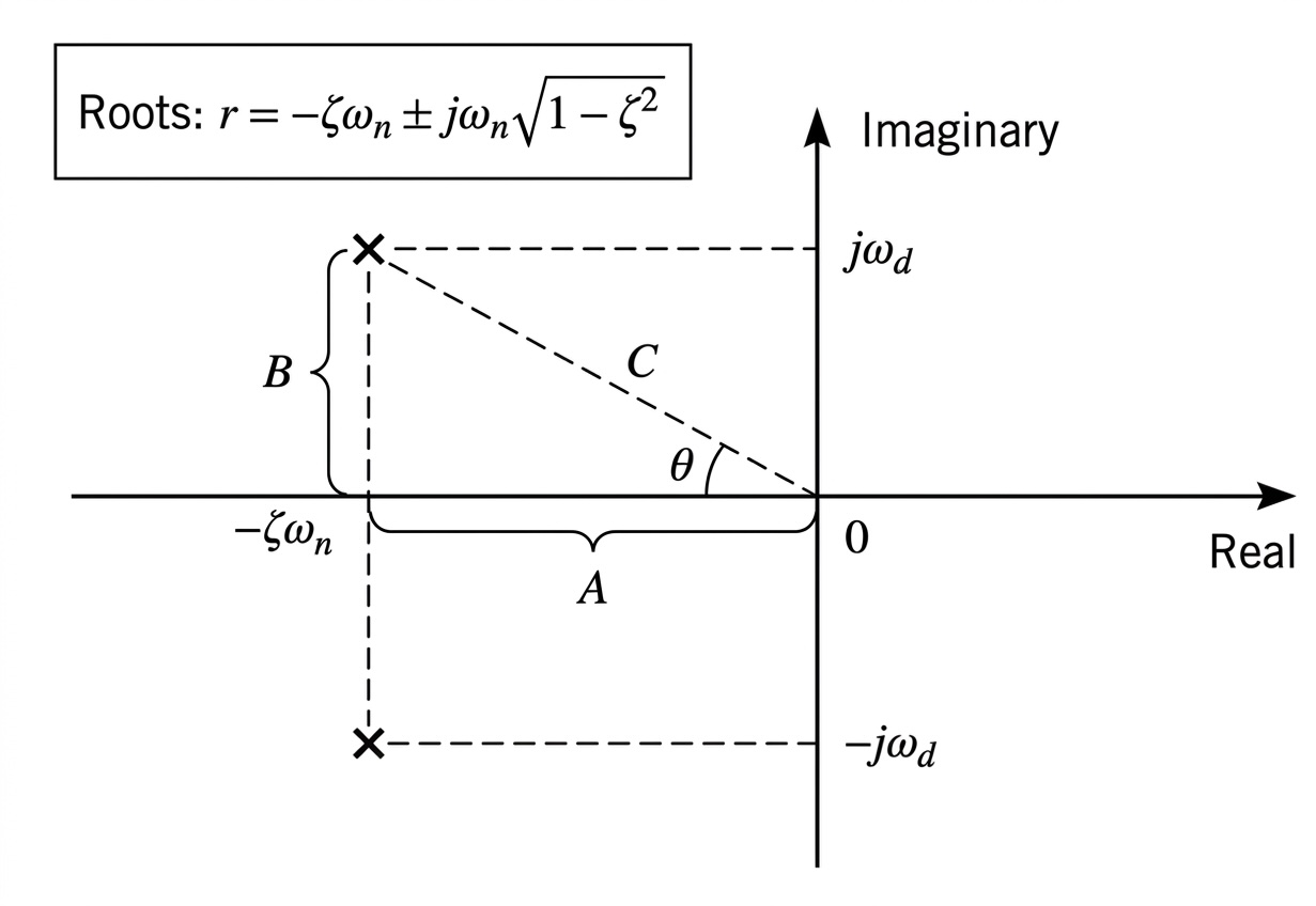 Geometric interpretation of pole location for a second-order system. The real part of the pole sets \zeta \omega_n, the imaginary part sets the damped natural frequency \omega_d, and the angle from the negative real axis sets the damping ratio \zeta.